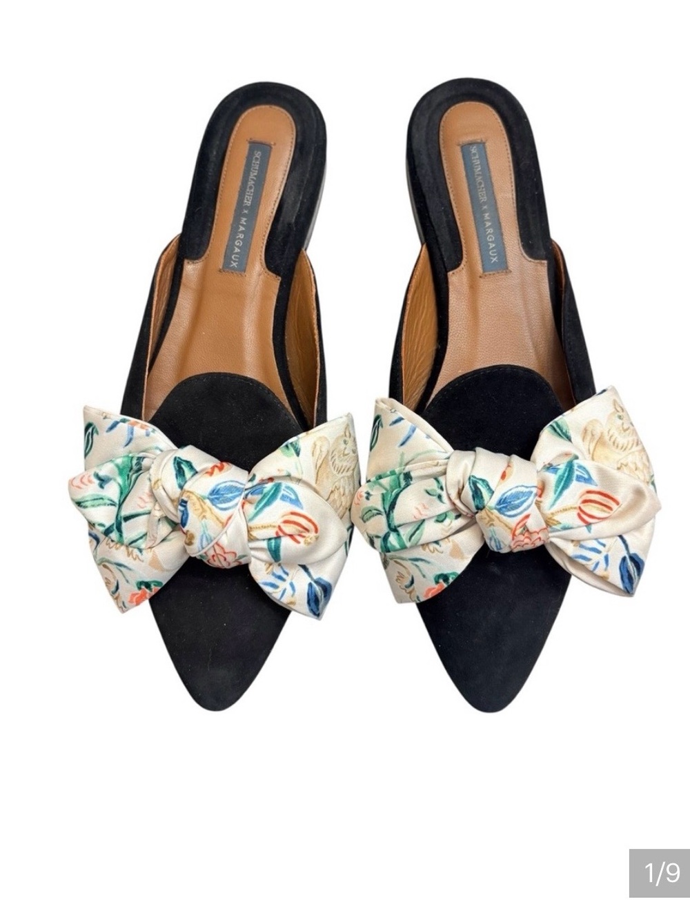 Margaux Black Suede Pointed Bow Mules with Floral Bow